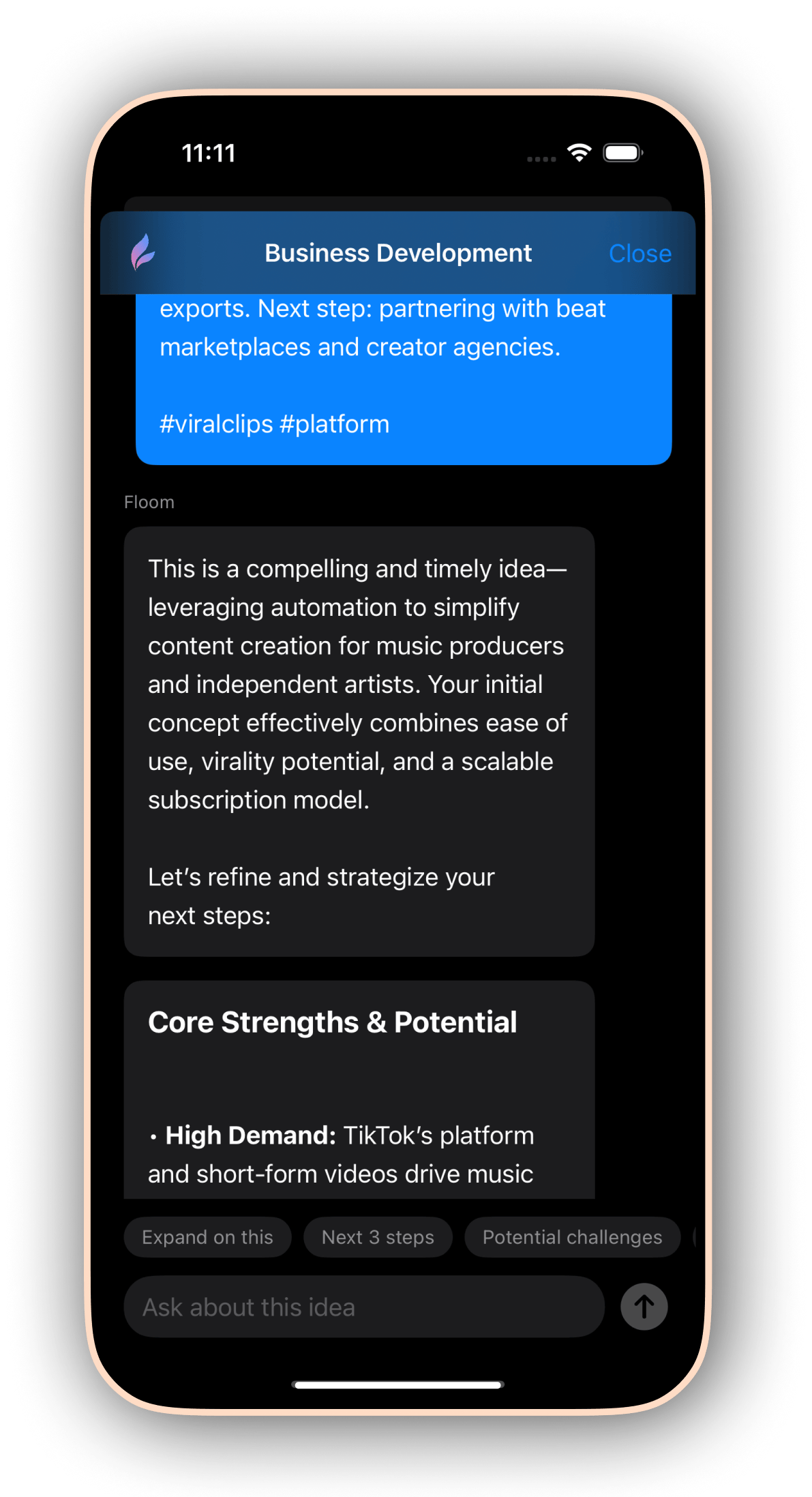 AI assistant expanding ideas in the Floom app